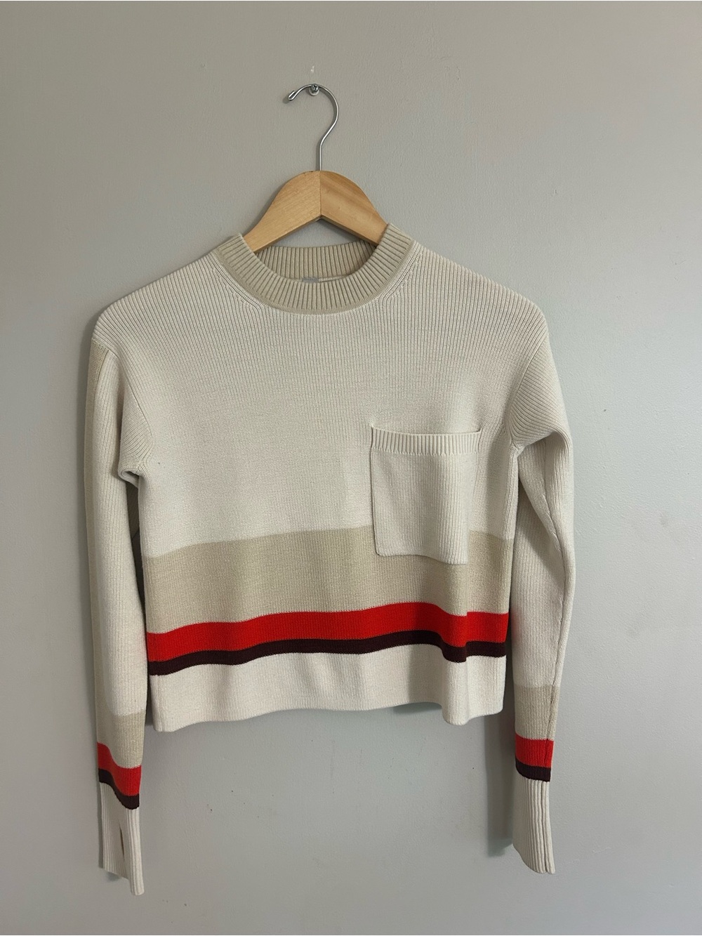 Athleta Cream Sweater with Red and Black Stripes